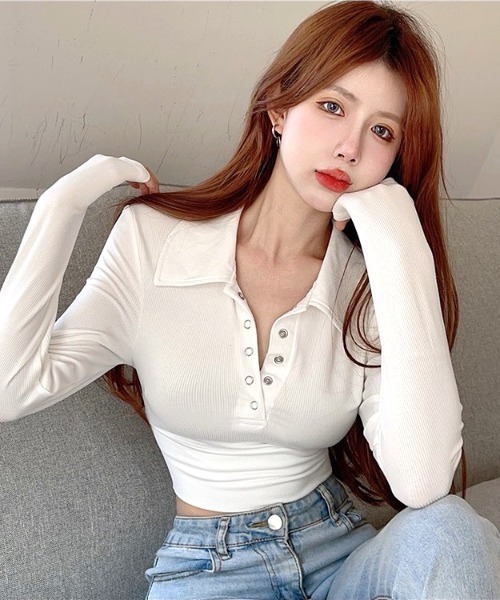 SHEENA(シーナ)の「ポロ襟ヘンリーネッククロップドトップス(Tシャツ/カットソー・レディース・ホワイト/ブラック・M)」の19枚目の写真