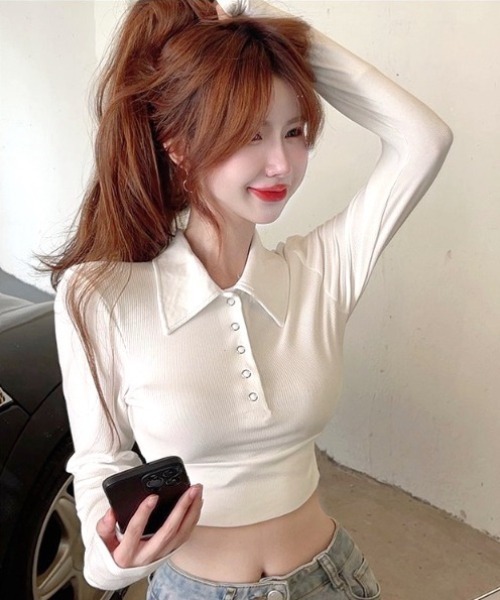 SHEENA(シーナ)の「ポロ襟ヘンリーネッククロップドトップス(Tシャツ/カットソー・レディース・ホワイト/ブラック・M)」の17枚目の写真