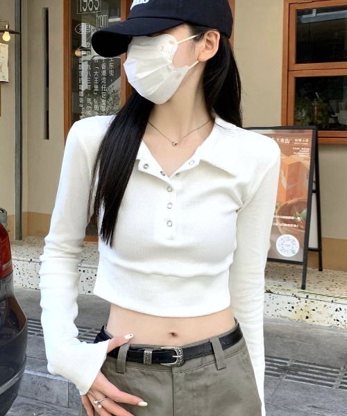 SHEENA(シーナ)の「ポロ襟ヘンリーネッククロップドトップス(Tシャツ/カットソー・レディース・ホワイト/ブラック・M)」の16枚目の写真