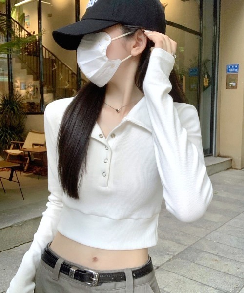 SHEENA(シーナ)の「ポロ襟ヘンリーネッククロップドトップス(Tシャツ/カットソー・レディース・ホワイト/ブラック・M)」の15枚目の写真