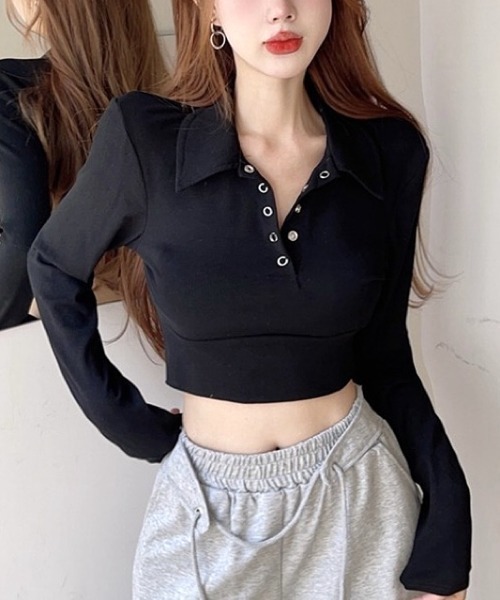 SHEENA(シーナ)の「ポロ襟ヘンリーネッククロップドトップス(Tシャツ/カットソー・レディース・ホワイト/ブラック・M)」の11枚目の写真