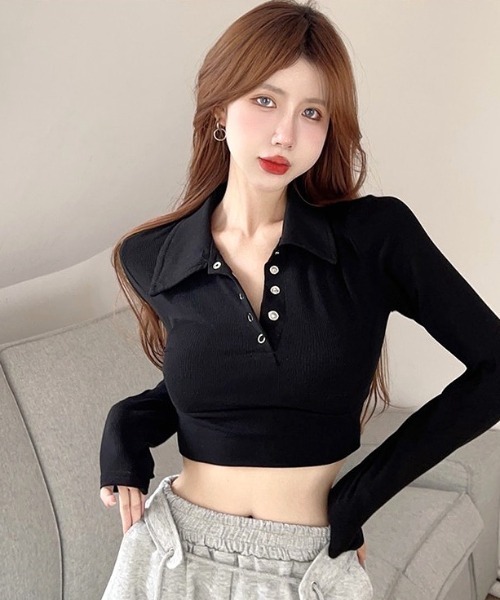 SHEENA(シーナ)の「ポロ襟ヘンリーネッククロップドトップス(Tシャツ/カットソー・レディース・ホワイト/ブラック・M)」の8枚目の写真