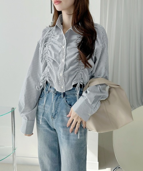 Ada.(エイダ)の「フロント シャーリング リボン シャツ(シャツ/ブラウス・レディース・サックスブルー/ホワイト×ブラック/オフホワイト/ブルー・FREE)」の14枚目の写真