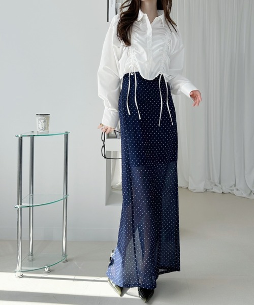 Ada.(エイダ)の「フロント シャーリング リボン シャツ(シャツ/ブラウス・レディース・サックスブルー/ホワイト×ブラック/オフホワイト/ブルー・FREE)」の9枚目の写真
