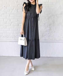 CLEAR BASIC（クリアベーシック）の「【低身長対応／サイズ展開あり】リボン付きフリルノースリーブワンピース[ティアード/フレンチスリーブ/二の腕カバー/きれいめ]（ワンピース）」