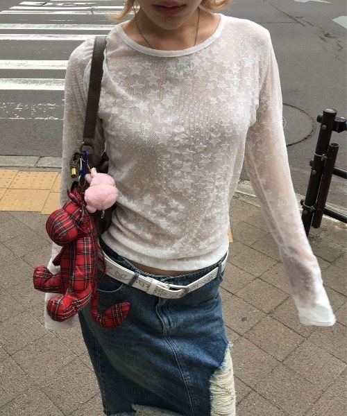 Teem Store(チームストア)の「【冷房・UV対策】星柄シアーレーストップス シアーロンT レイヤード(Tシャツ/カットソー・レディース・ブラック/ホワイト・F)」の15枚目の写真