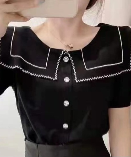 Teem Store(チームストア)の「ビッグカラーパフスリーブニットソー ボーダー柄(Tシャツ/カットソー・レディース・ブラック/ブラック系その他/ホワイト系その他/ホワイト・F)」の4枚目の写真