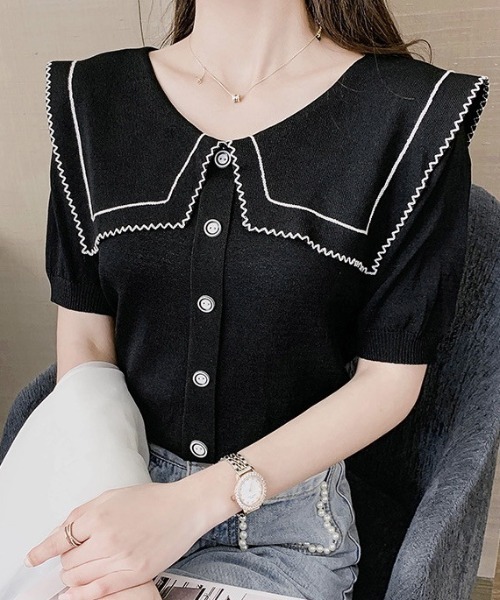 Teem Store(チームストア)の「ビッグカラーパフスリーブニットソー ボーダー柄(Tシャツ/カットソー・レディース・ブラック/ブラック系その他/ホワイト系その他/ホワイト・F)」の13枚目の写真