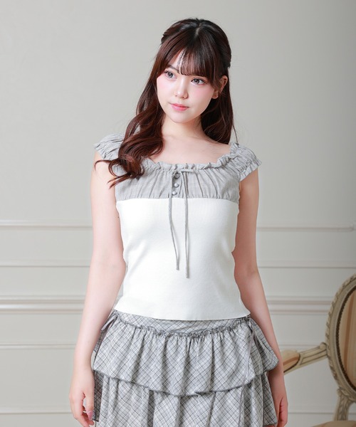 Anely（アネリー）の「異素材 チェック フロントリボン 配色 ギャザー トップス（Tシャツ/カットソー・レディース・ネイビー/グレー/アイボリー・FREE）」の2枚目の写真