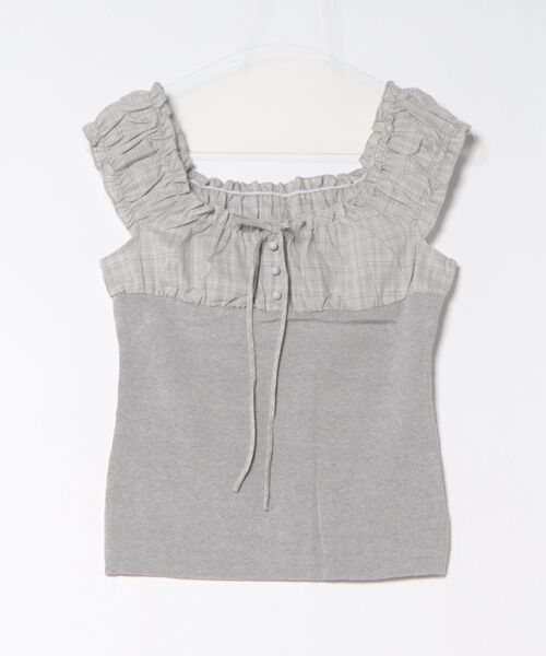 Anely（アネリー）の「異素材 チェック フロントリボン 配色 ギャザー トップス（Tシャツ/カットソー・レディース・ネイビー/グレー/アイボリー・FREE）」の19枚目の写真