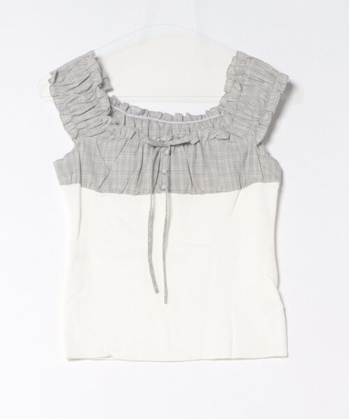 Anely（アネリー）の「異素材 チェック フロントリボン 配色 ギャザー トップス（Tシャツ/カットソー・レディース・ネイビー/グレー/アイボリー・FREE）」の21枚目の写真