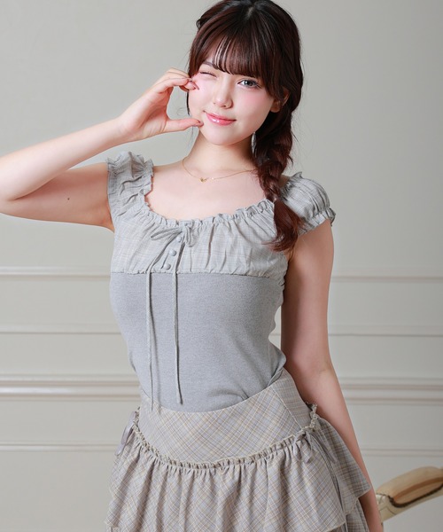 Anely（アネリー）の「異素材 チェック フロントリボン 配色 ギャザー トップス（Tシャツ/カットソー・レディース・ネイビー/グレー/アイボリー・FREE）」の4枚目の写真
