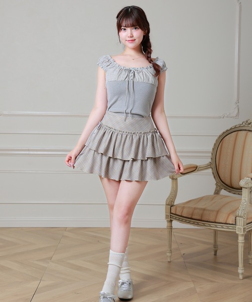 Anely（アネリー）の「異素材 チェック フロントリボン 配色 ギャザー トップス（Tシャツ/カットソー・レディース・ネイビー/グレー/アイボリー・FREE）」の5枚目の写真