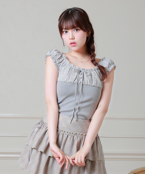 Anely（アネリー）の「異素材 チェック フロントリボン 配色 ギャザー トップス（Tシャツ/カットソー・レディース・ネイビー/グレー/アイボリー・FREE）」の6枚目の写真