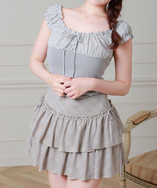 Anely（アネリー）の「異素材 チェック フロントリボン 配色 ギャザー トップス（Tシャツ/カットソー・レディース・ネイビー/グレー/アイボリー・FREE）」の7枚目の写真