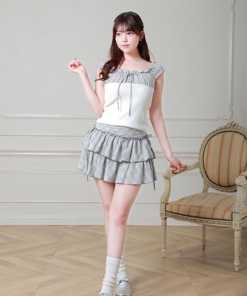Anely（アネリー）の「異素材 チェック フロントリボン 配色 ギャザー トップス（Tシャツ/カットソー・レディース・ネイビー/グレー/アイボリー・FREE）」の9枚目の写真