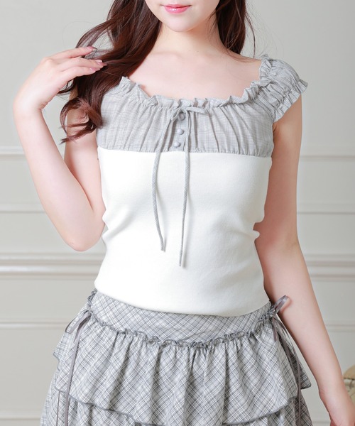 Anely（アネリー）の「異素材 チェック フロントリボン 配色 ギャザー トップス（Tシャツ/カットソー・レディース・ネイビー/グレー/アイボリー・FREE）」の10枚目の写真