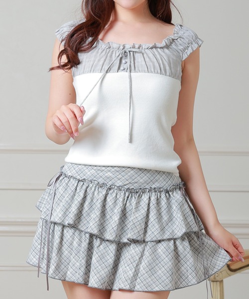 Anely（アネリー）の「異素材 チェック フロントリボン 配色 ギャザー トップス（Tシャツ/カットソー・レディース・ネイビー/グレー/アイボリー・FREE）」の11枚目の写真