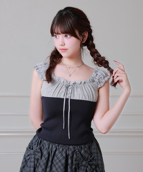 Anely（アネリー）の「異素材 チェック フロントリボン 配色 ギャザー トップス（Tシャツ/カットソー・レディース・ネイビー/グレー/アイボリー・FREE）」の14枚目の写真