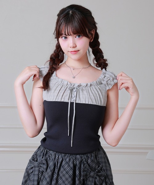 Anely（アネリー）の「異素材 チェック フロントリボン 配色 ギャザー トップス（Tシャツ/カットソー・レディース・ネイビー/グレー/アイボリー・FREE）」の17枚目の写真