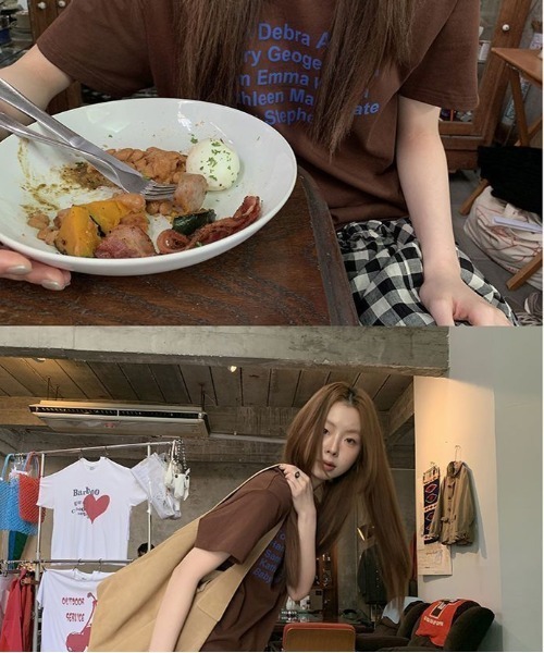 AsheKsha(アシクシャ)の「アルファベットプリントのゆったりした万能トップス(Tシャツ/カットソー・レディース・ピンク/モカ・M)」の10枚目の写真