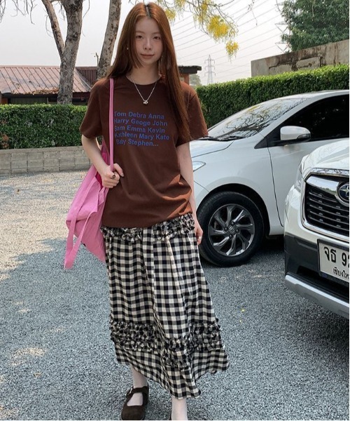 AsheKsha(アシクシャ)の「アルファベットプリントのゆったりした万能トップス(Tシャツ/カットソー・レディース・ピンク/モカ・M)」の12枚目の写真
