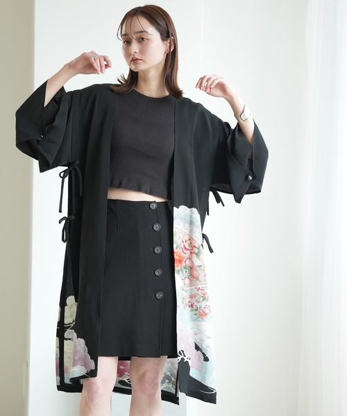 utatane(ウタタネ)の「着物リメイク maison utatane アウター 銀の桃霞(その他アウター・レディース・ブラック・FREE)」の1枚目の写真