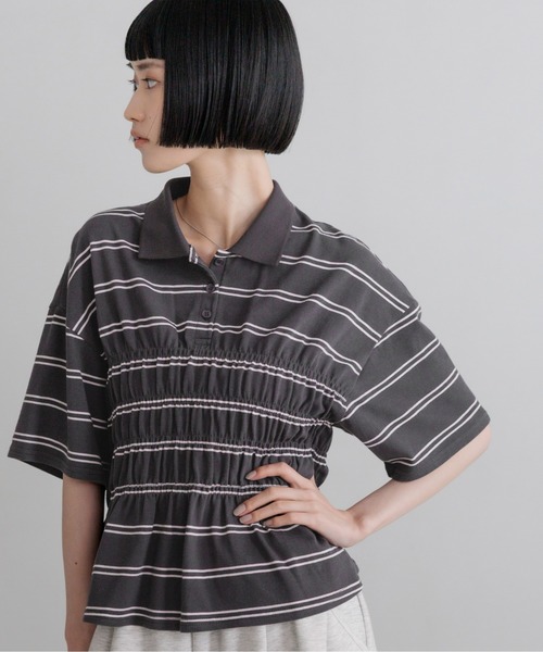 LOWRYS FARM(ローリーズファーム)の「ギャザーポロSS 794100(Tシャツ/カットソー・レディース・グレー/アイボリー・LONG/SHORT)」の1枚目の写真