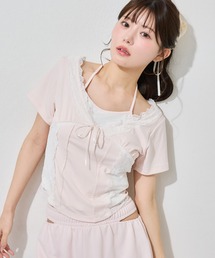 レイヤード風キャミ付きレースドッキングトップス