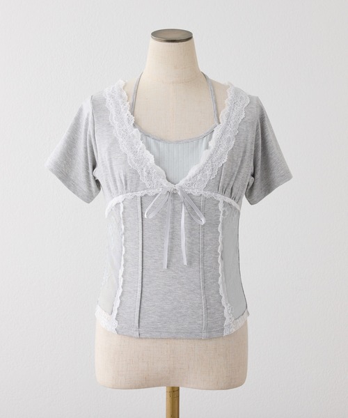 one after another NICE CLAUP(ワンアフターアナザーナイスクラップ)の「レイヤード風キャミ付きレースドッキングトップス(Tシャツ/カットソー・レディース・ブラック/オフホワイト/杢グレー/ピンク・FREE)」の5枚目の写真