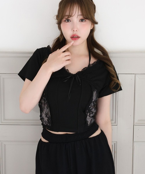 one after another NICE CLAUP(ワンアフターアナザーナイスクラップ)の「レイヤード風キャミ付きレースドッキングトップス(Tシャツ/カットソー・レディース・ブラック/オフホワイト/杢グレー/ピンク・FREE)」の6枚目の写真