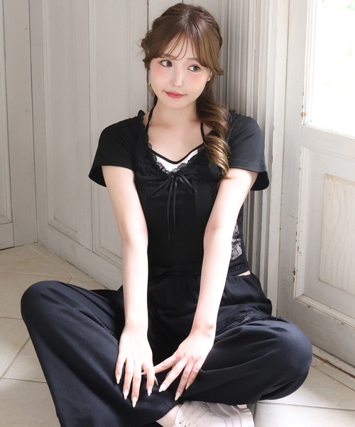 one after another NICE CLAUP(ワンアフターアナザーナイスクラップ)の「レイヤード風キャミ付きレースドッキングトップス(Tシャツ/カットソー・レディース・ブラック/オフホワイト/杢グレー/ピンク・FREE)」の20枚目の写真