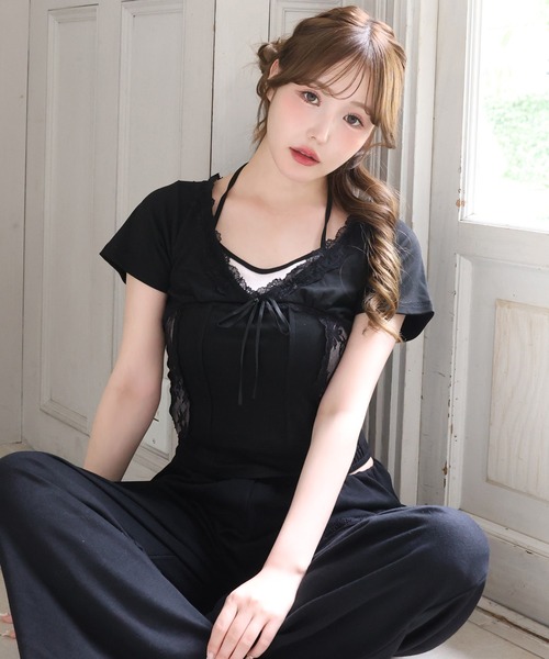 one after another NICE CLAUP(ワンアフターアナザーナイスクラップ)の「レイヤード風キャミ付きレースドッキングトップス(Tシャツ/カットソー・レディース・ブラック/オフホワイト/杢グレー/ピンク・FREE)」の21枚目の写真