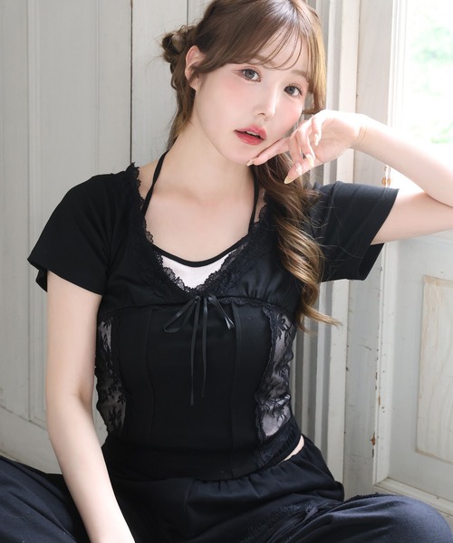 one after another NICE CLAUP(ワンアフターアナザーナイスクラップ)の「レイヤード風キャミ付きレースドッキングトップス(Tシャツ/カットソー・レディース・ブラック/オフホワイト/杢グレー/ピンク・FREE)」の22枚目の写真