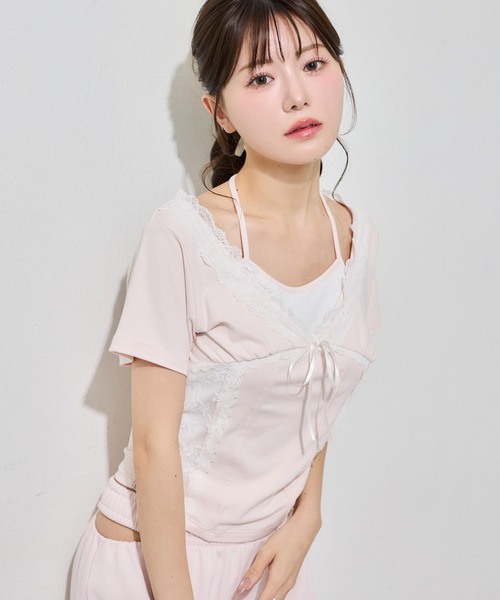 one after another NICE CLAUP(ワンアフターアナザーナイスクラップ)の「レイヤード風キャミ付きレースドッキングトップス(Tシャツ/カットソー・レディース・ブラック/オフホワイト/杢グレー/ピンク・FREE)」の17枚目の写真