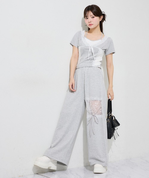 one after another NICE CLAUP(ワンアフターアナザーナイスクラップ)の「レイヤード風キャミ付きレースドッキングトップス(Tシャツ/カットソー・レディース・ブラック/オフホワイト/杢グレー/ピンク・FREE)」の8枚目の写真