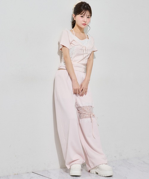 one after another NICE CLAUP(ワンアフターアナザーナイスクラップ)の「レイヤード風キャミ付きレースドッキングトップス(Tシャツ/カットソー・レディース・ブラック/オフホワイト/杢グレー/ピンク・FREE)」の16枚目の写真