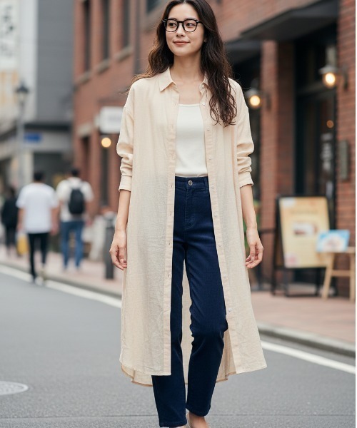 BY THE BAY(バイザベイ)の「【羽織り・ワンピース2WAY】クレープシアーロングシャツワンピース/6色展開 大人カジュアル(シャツワンピース・レディース・イエロー/ホワイト/ライトピンク/ブラック/グレー系その他/ベージュ・FREE)」の4枚目の写真