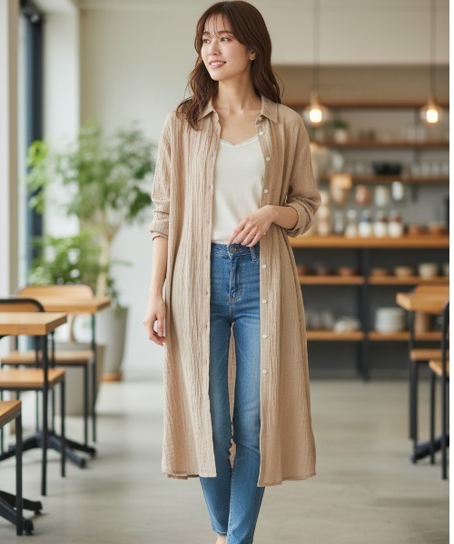 BY THE BAY(バイザベイ)の「【羽織り・ワンピース2WAY】クレープシアーロングシャツワンピース/6色展開 大人カジュアル(シャツワンピース・レディース・イエロー/ホワイト/ライトピンク/ブラック/グレー系その他/ベージュ・FREE)」の3枚目の写真