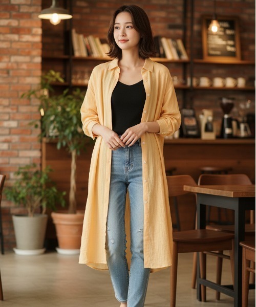 BY THE BAY(バイザベイ)の「【羽織り・ワンピース2WAY】クレープシアーロングシャツワンピース/6色展開 大人カジュアル(シャツワンピース・レディース・イエロー/ホワイト/ライトピンク/ブラック/グレー系その他/ベージュ・FREE)」の5枚目の写真