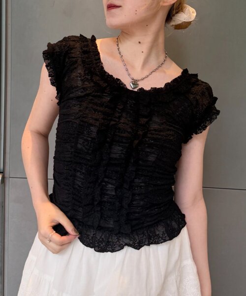 w closet（ダブルクローゼット）の「シャーリングレースフレンチT　夏服（Tシャツ/カットソー・レディース・オフホワイト/ブラック/ピンク・FREE）」の10枚目の写真