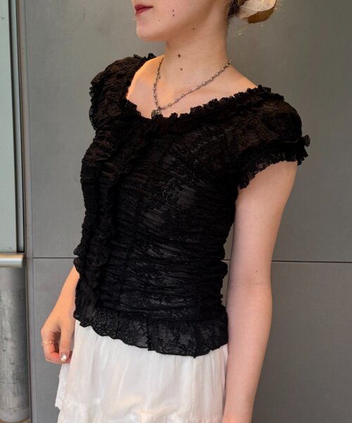 w closet（ダブルクローゼット）の「シャーリングレースフレンチT　夏服（Tシャツ/カットソー・レディース・オフホワイト/ブラック/ピンク・FREE）」の11枚目の写真