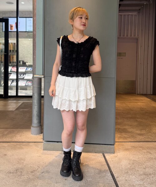 w closet（ダブルクローゼット）の「シャーリングレースフレンチT　夏服（Tシャツ/カットソー・レディース・オフホワイト/ブラック/ピンク・FREE）」の13枚目の写真