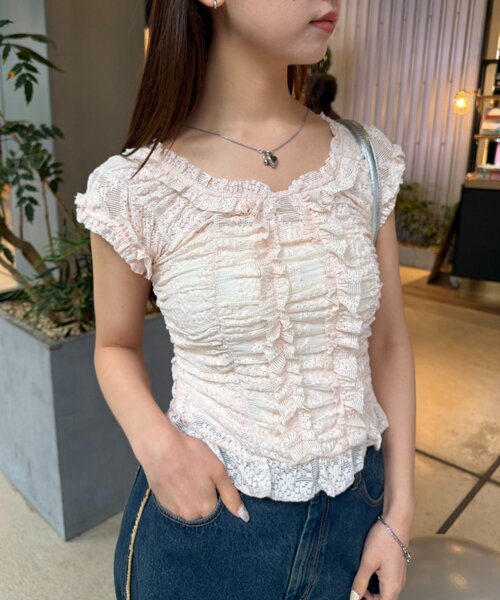 w closet（ダブルクローゼット）の「シャーリングレースフレンチT　夏服（Tシャツ/カットソー・レディース・オフホワイト/ブラック/ピンク・FREE）」の16枚目の写真