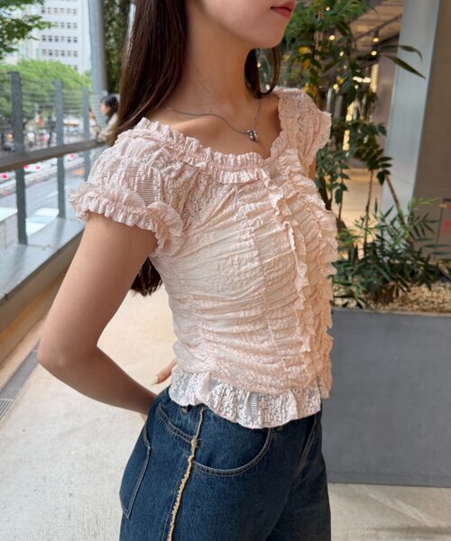 w closet（ダブルクローゼット）の「シャーリングレースフレンチT　夏服（Tシャツ/カットソー・レディース・オフホワイト/ブラック/ピンク・FREE）」の17枚目の写真