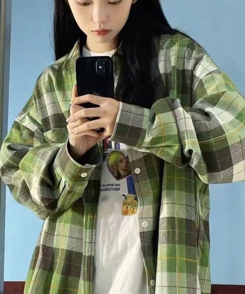 AsheKsha(アシクシャ)の「ヴィンテージグリーンのチェック柄のゆったりしたカジュアルシャツ(シャツ/ブラウス・レディース・グリーン・M)」の6枚目の写真