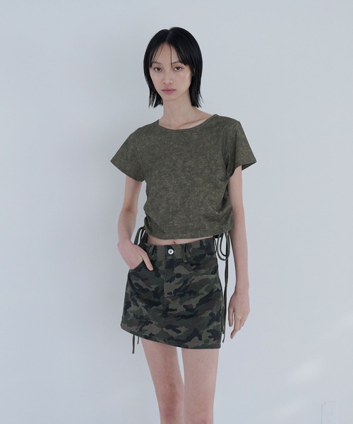 Nora Lily elle(ノラリリーエル)の「side gather short top(Tシャツ/カットソー・レディース・ダークグレー/カーキ・FREE)」の9枚目の写真