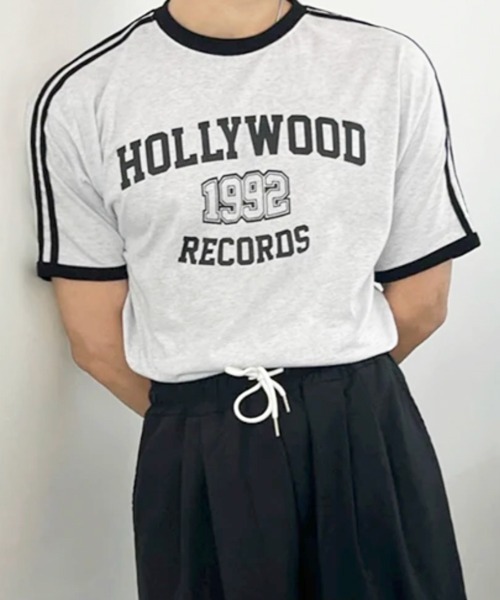 NOWLE（ノウル）の「【NOWLE】カレッジグラフィック リンガー半袖Tシャツ / レトロスポーツライン ハリウッドレコード トップス（Tシャツ/カットソー・メンズ・グレー・MEDIUM/X-LARGE/LARGE）」の6枚目の写真