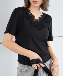 クレープレース付ショートスリーブVネックTシャツ