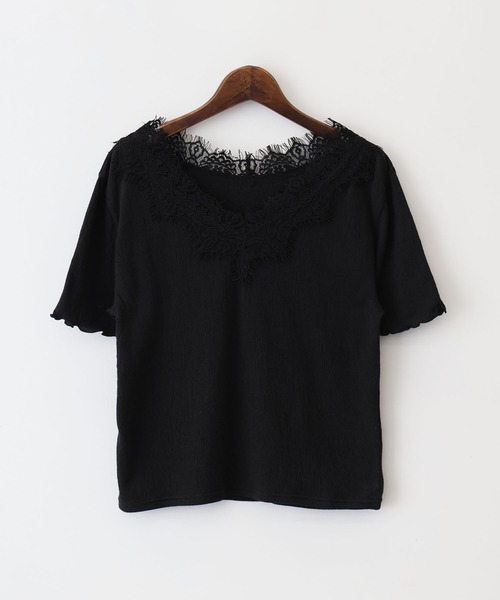SpRay（スプレイ）の「クレープレース付ショートスリーブVネックTシャツ（Tシャツ/カットソー・レディース・チャコールグレー/ブラック/オフホワイト/アイボリー・FREE）」の18枚目の写真